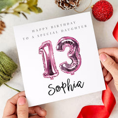 13th birthday card for her Pink birthday gift card for daughter Personalised with name Teenage girl keepsake for daughter's thirteenth