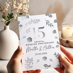 15th Crystal Wedding Anniversary Card 15 Years Personalised Couple Name Elegant Floral Design Romantic Keepsake Gift for Husband or Wife