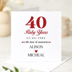 40th Ruby Wedding Anniversary Card Personalised for Couples Parents Unique 40 Years of Marriage Gift Custom Names and Dates
