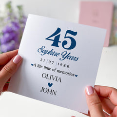45th Sapphire Wedding Anniversary Card Personalised for Parents Husband Wife Custom Keepsake Gift for Couple Celebrating 45 Years
