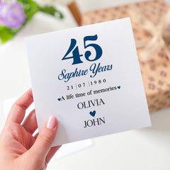 45th Sapphire Wedding Anniversary Card Personalised for Parents Husband Wife Custom Keepsake Gift for Couple Celebrating 45 Years
