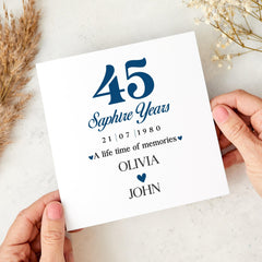 45th Sapphire Wedding Anniversary Card Personalised for Parents Husband Wife Custom Keepsake Gift for Couple Celebrating 45 Years