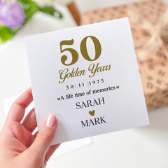 50th Golden Wedding Anniversary Card Personalised Custom Anniversary Card for Husband Wife Parents Couple Milestone Keepsake Gift