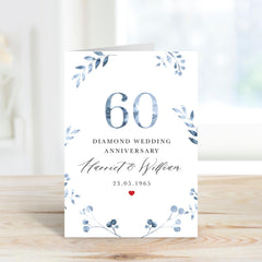 60th Diamond Wedding Anniversary Card for Couple Personalised with Names and Date Elegant Blue Botanical Design Grandparents Grandma Nanny