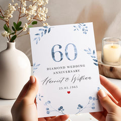 60th Diamond Wedding Anniversary Card for Couple Personalised with Names and Date Elegant Blue Botanical Design Grandparents Grandma Nanny