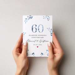 60th Diamond Wedding Anniversary Card for Couple Personalised with Names and Date Elegant Blue Botanical Design Grandparents Grandma Nanny