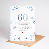 60th Diamond Wedding Anniversary Card for Couple Personalised with Names and Date Elegant Blue Botanical Design Grandparents Grandma Nanny