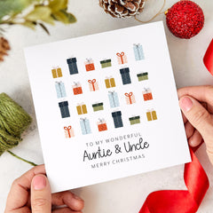 Auntie and Uncle Christmas Card Colourful Gift Boxes Design Special Xmas Greeting Card from Niece or Nephew 1st Xmas Gift Card