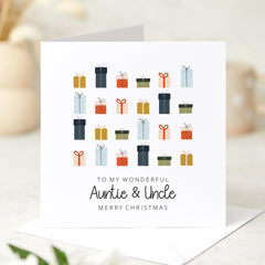 Auntie and Uncle Christmas Card Colourful Gift Boxes Design Special Xmas Greeting Card from Niece or Nephew 1st Xmas Gift Card