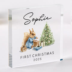 Baby’s First Christmas Acrylic Block – Woodland Squirrel Design – Personalised Nursery Keepsake Gift for Newborn or Child
