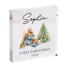 Baby’s First Christmas Acrylic Block – Woodland Squirrel Design – Personalised Nursery Keepsake Gift for Newborn or Child