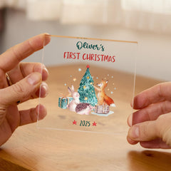 Baby’s First Christmas Acrylic Plaque Woodland Keepsake Gift for Newborn Grandchild Niece Nephew or New Baby Gift for Baby Boy or Girl