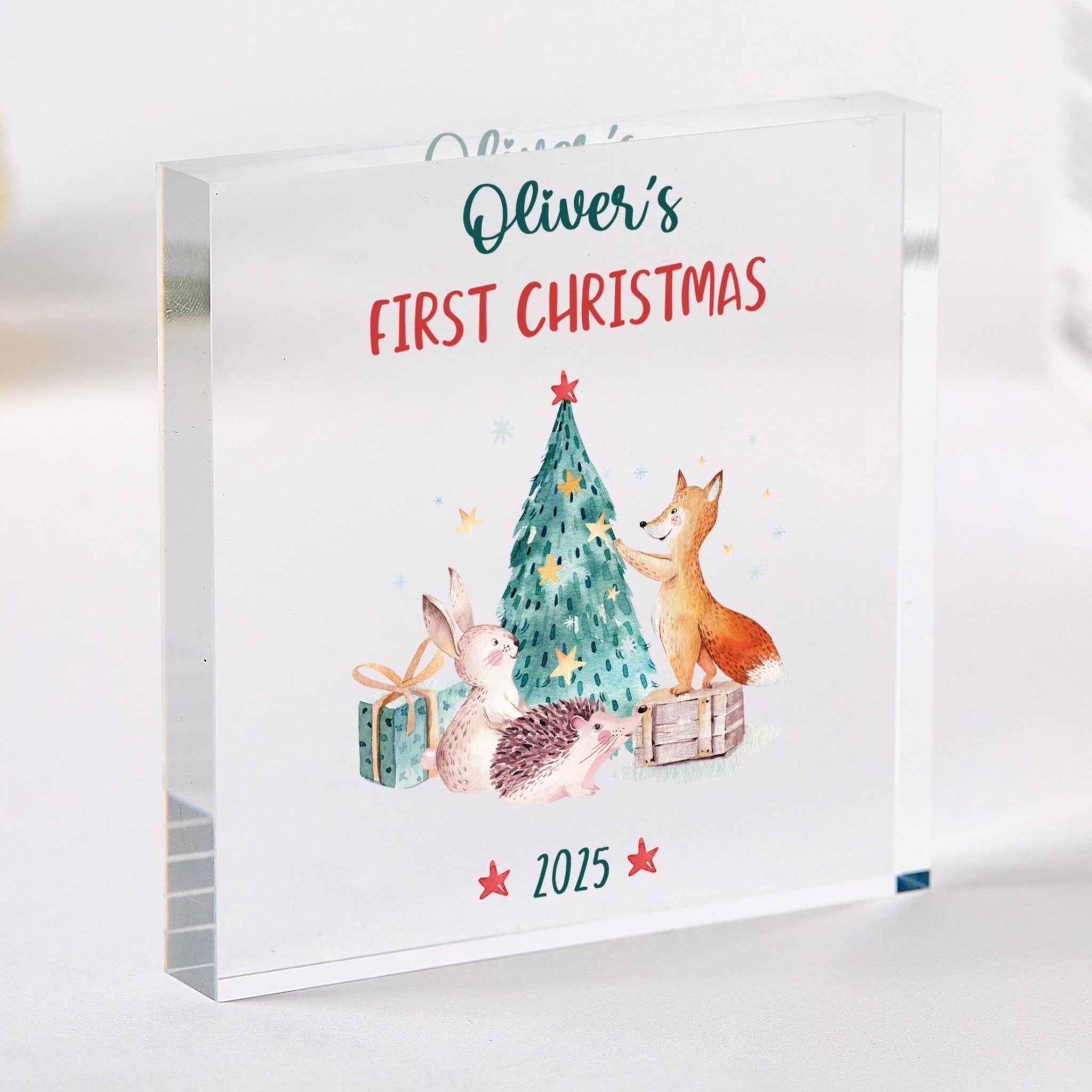 Baby’s First Christmas Acrylic Plaque Woodland Keepsake Gift for Newborn Grandchild Niece Nephew or New Baby Gift for Baby Boy or Girl