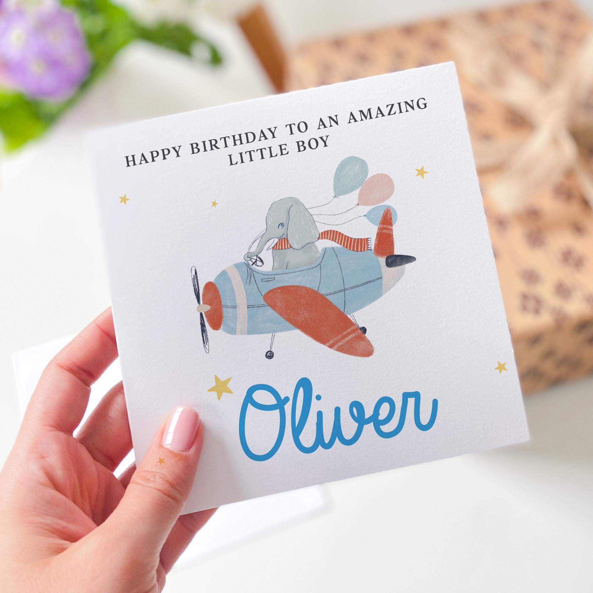 Birthday Card for a Special Little Boy – Elephant Flying Plane Design with Balloons – Custom Name Cute Keepsake for Kids Nephew Son Grandson