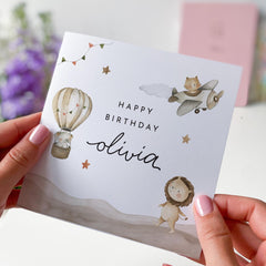 Birthday Card for Girl or Boy Hot Air Balloon Animal Design Cute Personalised Keepsake Card for Daughter Granddaughter Grandson Nephew Niece