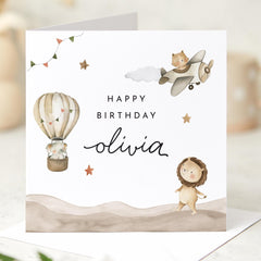Birthday Card for Girl or Boy Hot Air Balloon Animal Design Cute Personalised Keepsake Card for Daughter Granddaughter Grandson Nephew Niece