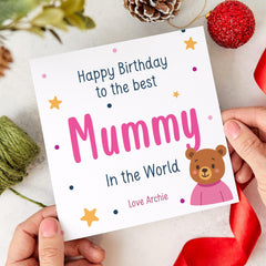 Birthday Card for Mum Cute Mama Bear Design From Child with Love Custom Name Option Best Mummy in the World Keepsake form son or daughter