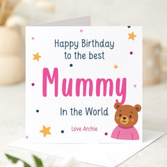 Birthday Card for Mum Cute Mama Bear Design From Child with Love Custom Name Option Best Mummy in the World Keepsake form son or daughter