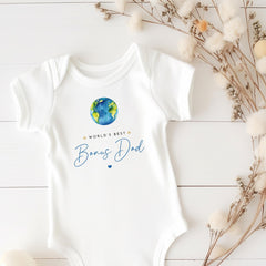 Bonus Dad Baby Bodysuit or Bib World's Best Bonus Dad Cute Earth Design Special Stepdad Father's Day Birthday Gift Keepsake from Baby Outfit