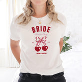 Bride T-shirt Cute Bridal Party Outfit Bride to - be Tee Cute Summer Cherry Design Beach Concept Messy Coquette Hen Party Bridal Shower Tee