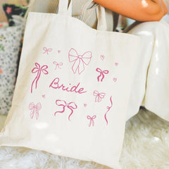 Bride Tote Bag Romantic Bow & Heart Design Soft and Elegant Hen Party Gift for Bride - To - Be Wedding Day Prep Hen Weekend Gift Messy Coquette