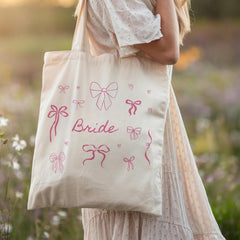 Bride Tote Bag Romantic Bow & Heart Design Soft and Elegant Hen Party Gift for Bride - To - Be Wedding Day Prep Hen Weekend Gift Messy Coquette
