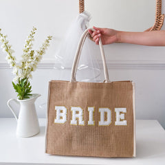 Bride Tote Bag With Gold Trim White Letters, Bridal Shower Engagement Gift, Bride To Be Mrs Wedding