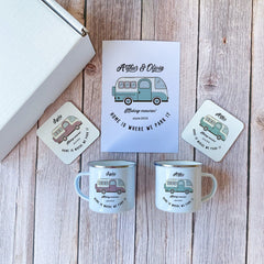 Campervan Enamel Camp Mug Set With Enamel Mug Coaster And Card Personalised Motorhome