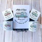 Campervan Enamel Camp Mug Set With Enamel Mug Coaster Personalised Motorhome