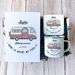 Campervan Enamel Camp Mug Set With Enamel Mug Coaster Personalised Motorhome