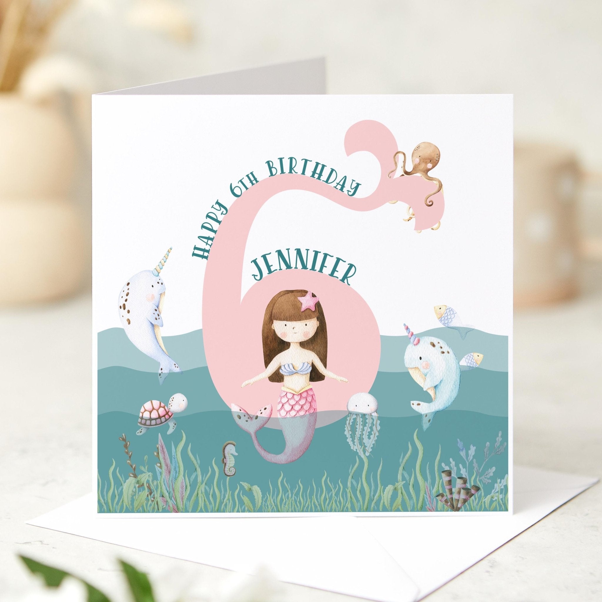 Card for 6th Birthday with Name & Age Personalised Mermaid Birthday Card for Girls Under the Sea for Daughter Niece or Granddaughter