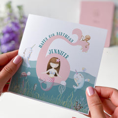 Card for 6th Birthday with Name & Age Personalised Mermaid Birthday Card for Girls Under the Sea for Daughter Niece or Granddaughter