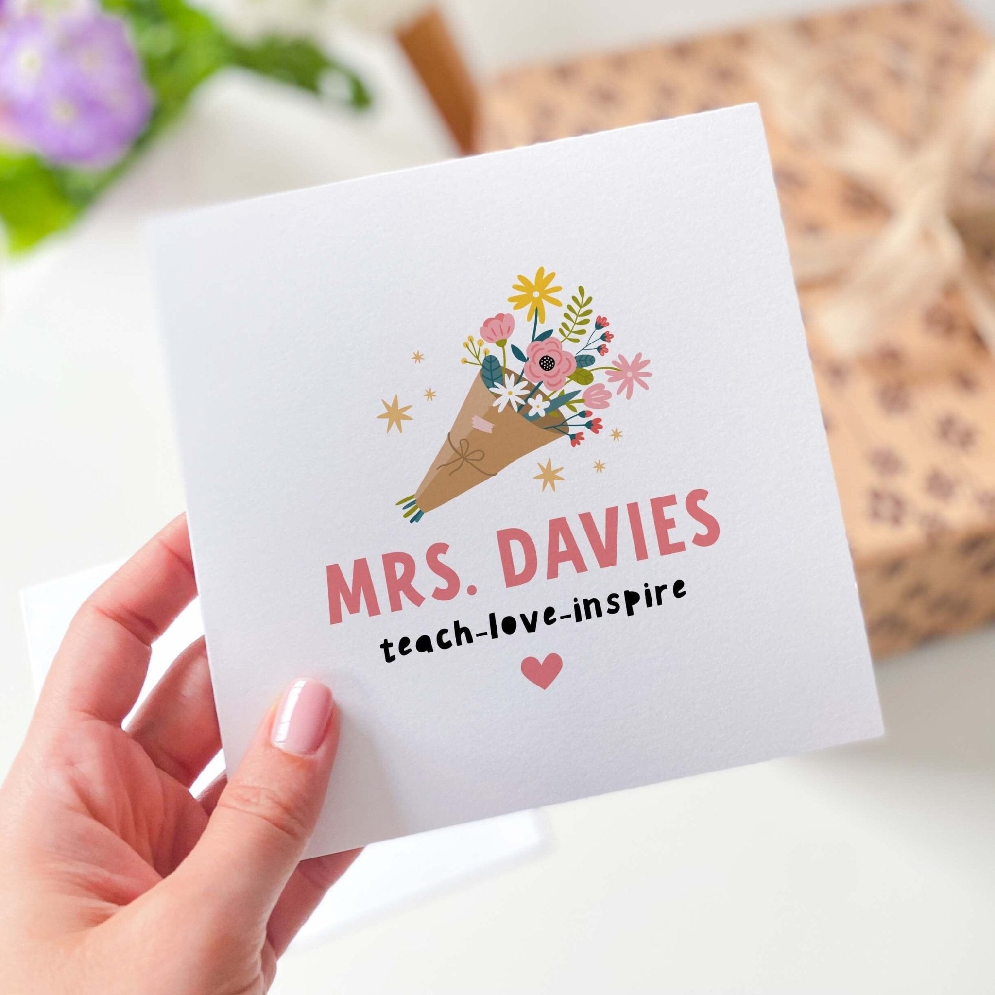 Card For Teacher Thank You Cute Card With Floral Design And Name Gift Card Teach Love Inspire Appreciation Card Nursery Primary Her Women