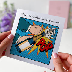 Cheers To Another Year Of Awesome Card With Pop - Art Design Happy Birthday Card For Her Him Friend Husband Wife Greeting For New Year