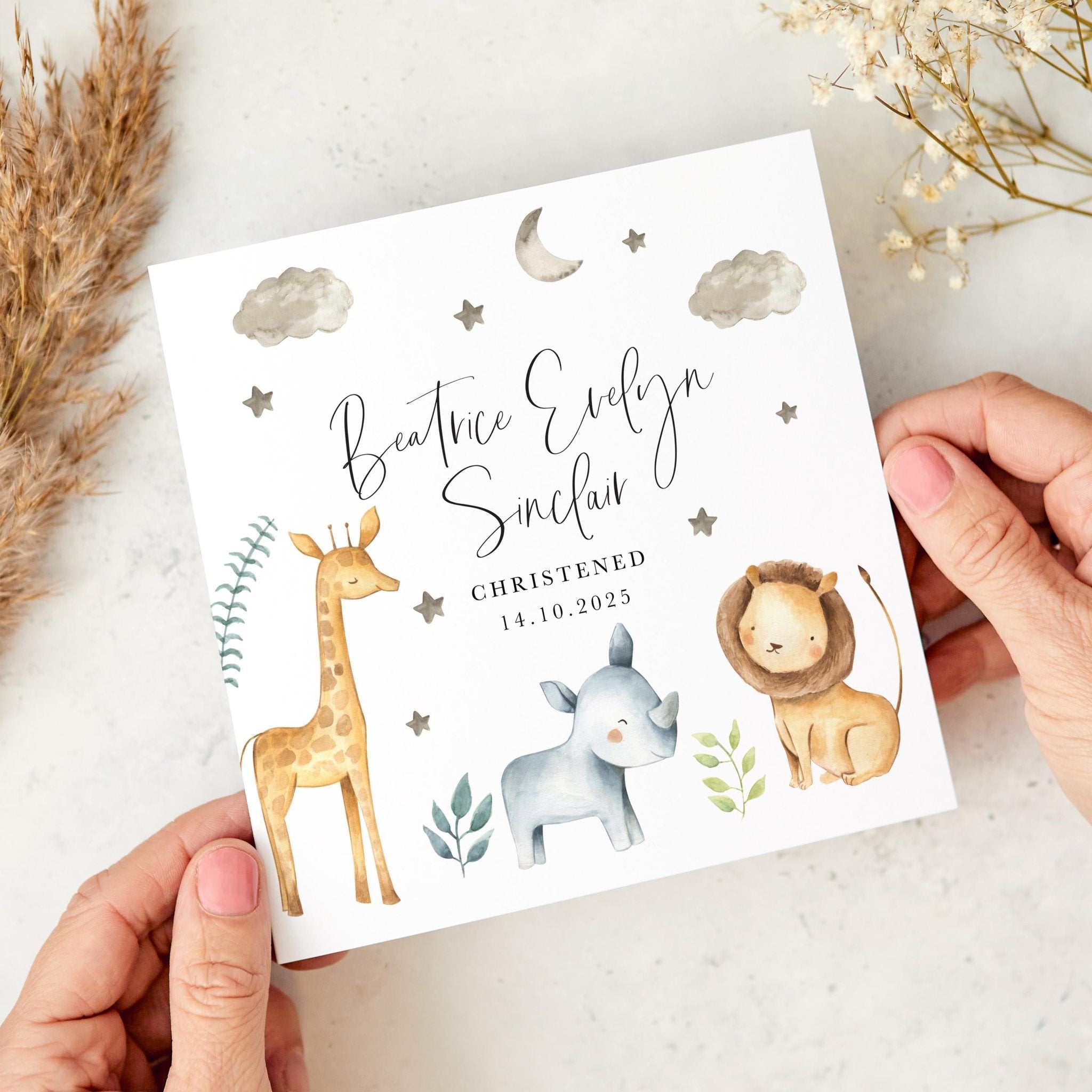 Christening Card with Safari Animals for Baby Girl Boy Personalised Baptism Keepsake with Name and Date Card for Nephew Niece Son Daughter