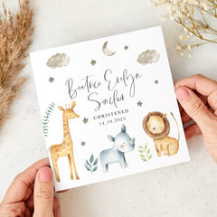 Christening Card with Safari Animals for Baby Girl Boy Personalised Baptism Keepsake with Name and Date Card for Nephew Niece Son Daughter
