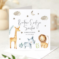 Christening Card with Safari Animals for Baby Girl Boy Personalised Baptism Keepsake with Name and Date Card for Nephew Niece Son Daughter