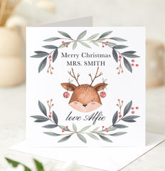 Christmas Card for Teacher Cute Reindeer Festive Merry Keepsake Primary Nursery Staff