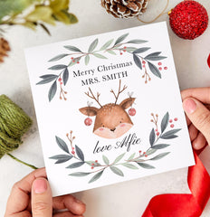 Christmas Card for Teacher Cute Reindeer Festive Merry Keepsake Primary Nursery Staff