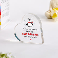 Christmas Gift for Girlfriend or Boyfriend, Funny Heart Acrylic Plaque Keepsake with Penguin Design Romantic Gift for Wife Husband or Fiancé
