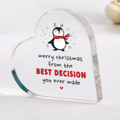 Christmas Gift for Girlfriend or Boyfriend, Funny Heart Acrylic Plaque Keepsake with Penguin Design Romantic Gift for Wife Husband or Fiancé