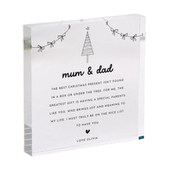 Christmas Gift for Mum and Dad, Personalised Acrylic Plaque from Daughter or Son, Festive Keepsake for Parents