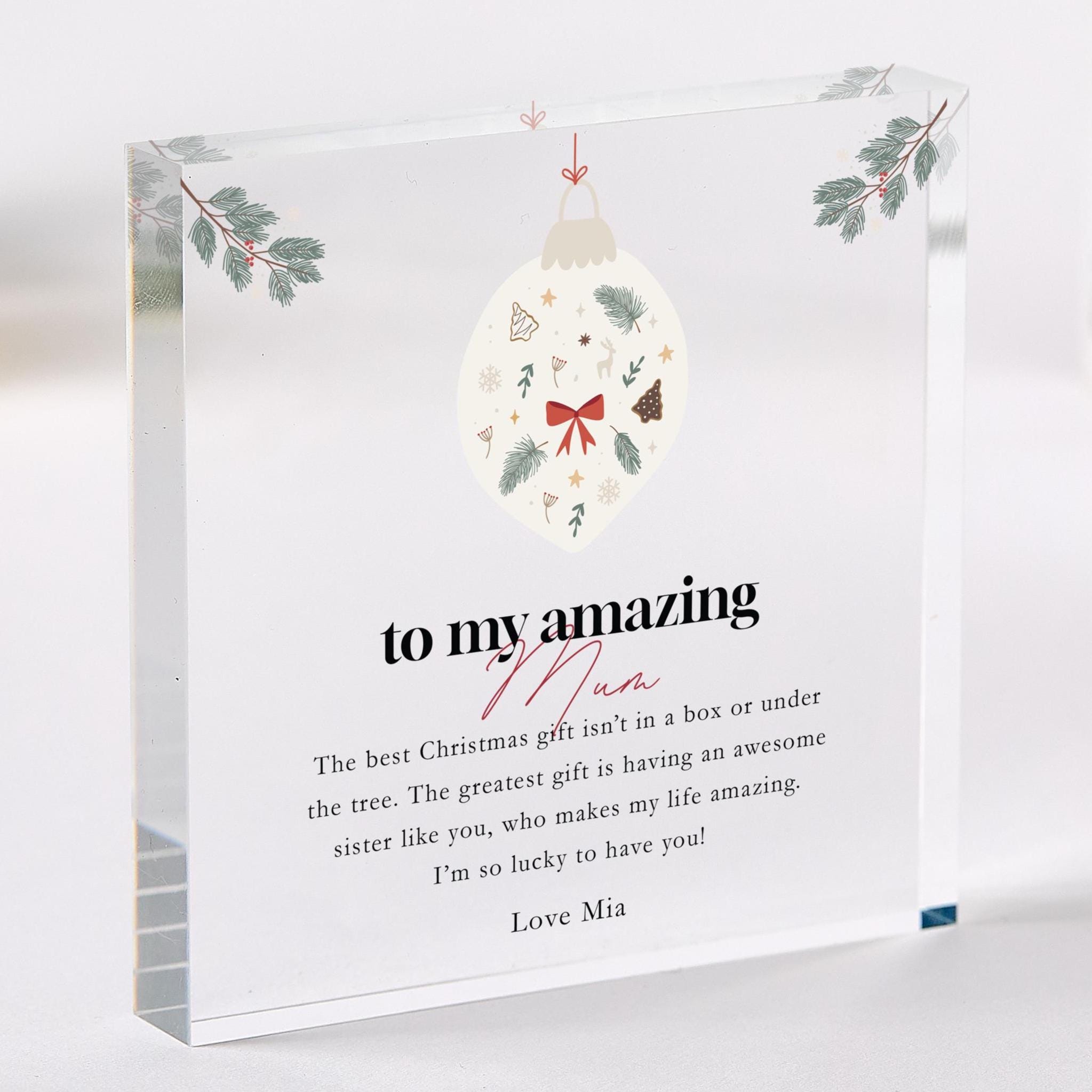 Christmas Gift for Mum Personalised Acrylic Plaque with Bauble Design Festive Keepsake from Daughter or Son