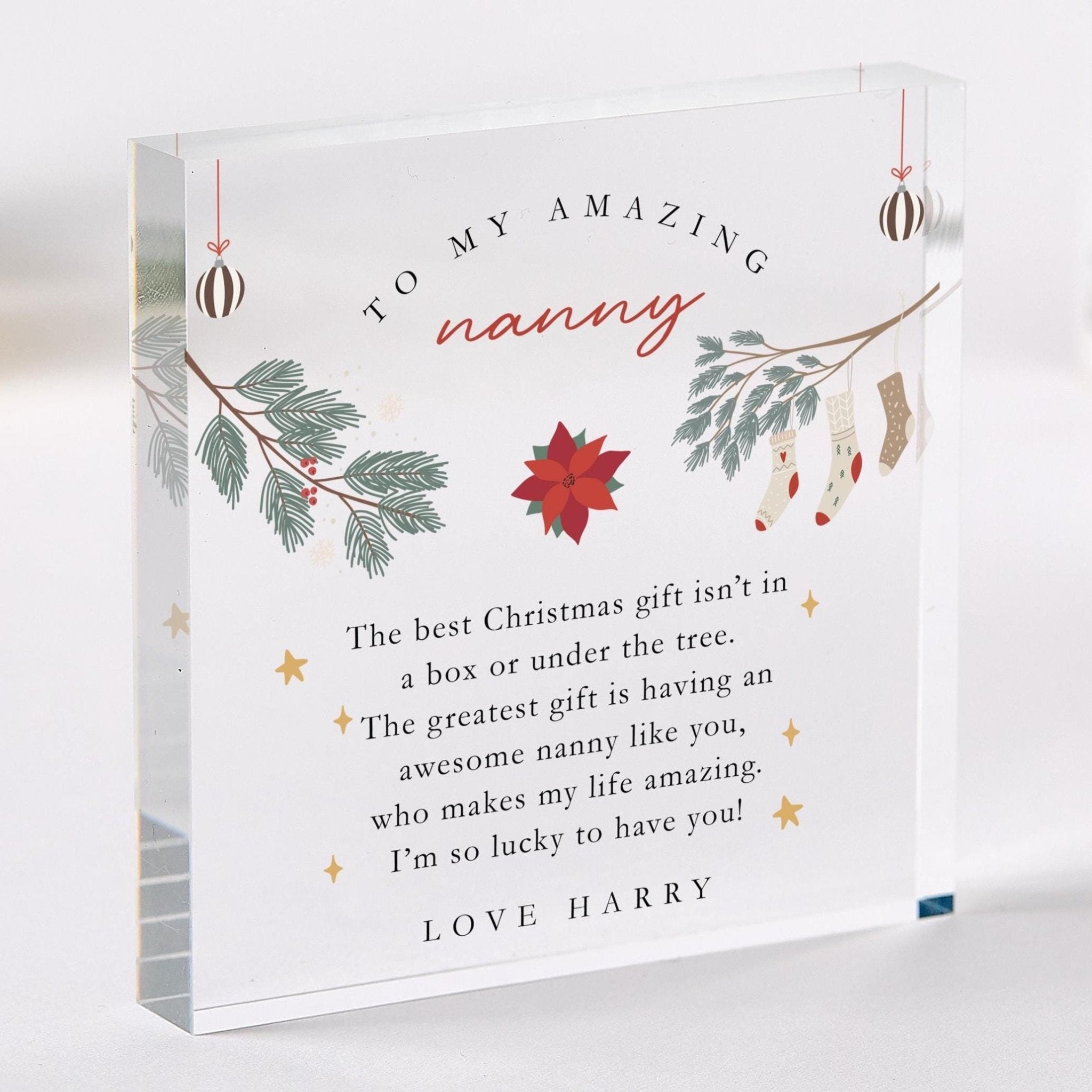 Christmas Gift for Nanny Festive Acrylic Plaque Keepsake from Grandchild Home Decoration for Nan or Grandma