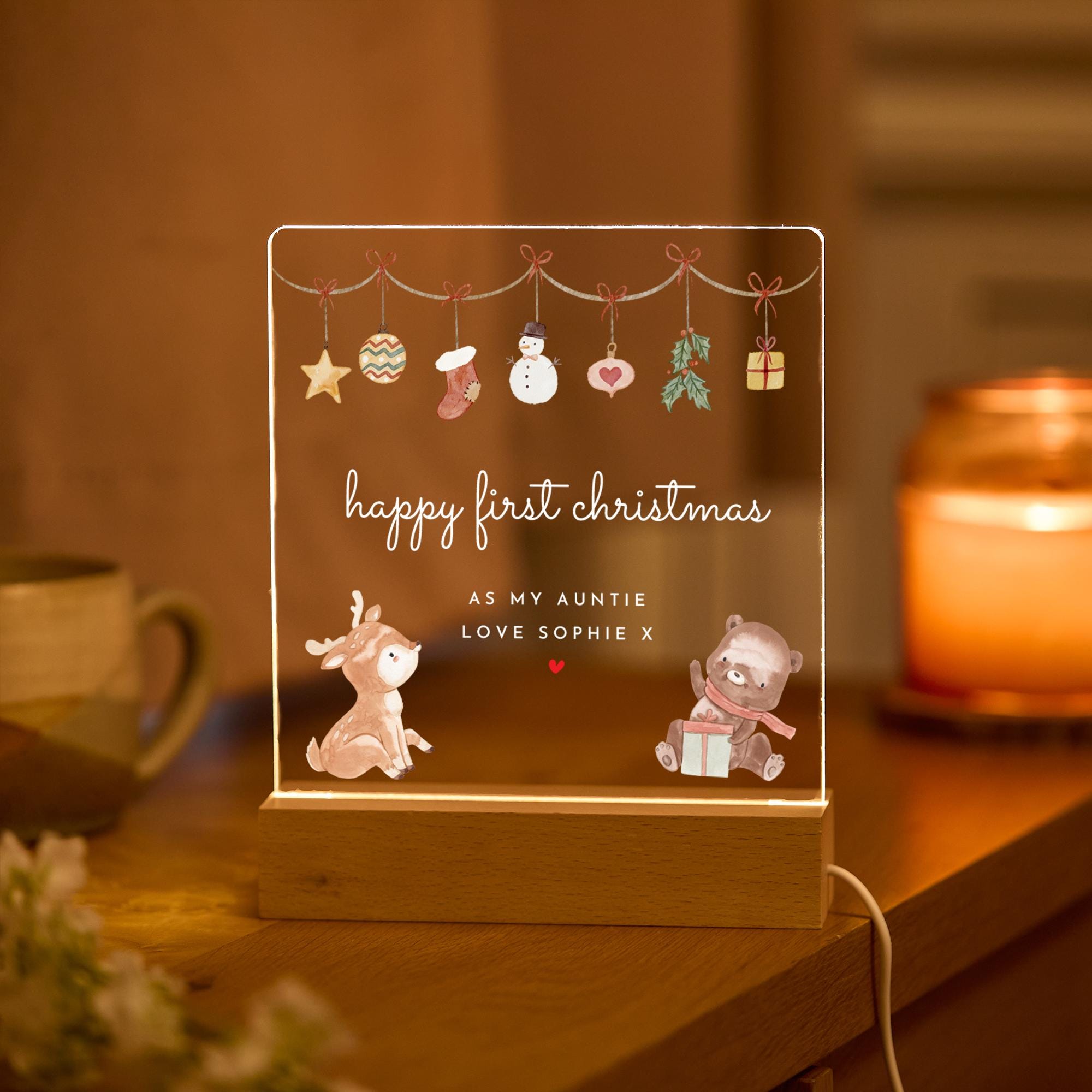 Christmas LED Light Plaque Gift –Happy First Xmas Night Light Keepsake for Mum Dad Grandma Nanny Auntie Festive Present from Child Xmas Gift