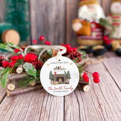 Christmas Ornament with Family Name and Address Featuring a Cosy Home Design Personalised Holiday Keepsake Gift