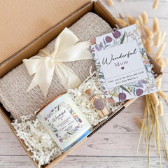 Cosy Gift Set Blanket Candle Mini Matches Jar and Card Gift for Mum Mother's Day Mum's Birthday Christmas Hygge