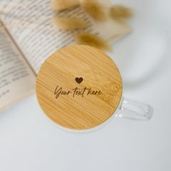 Custom Double Wall Glass Mug with Bamboo Lid – Engraved Your Text Gift for Her or Him