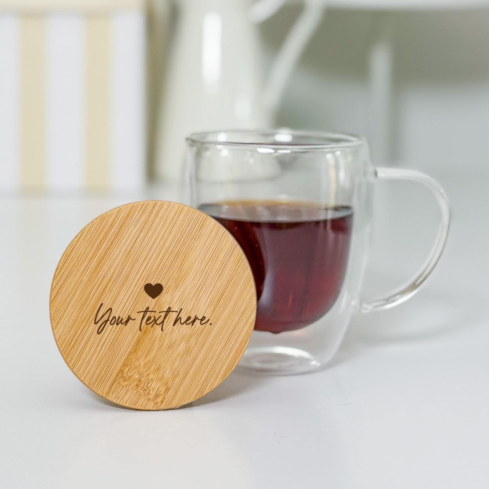 Custom Double Wall Glass Mug with Bamboo Lid – Engraved Your Text Gift for Her or Him