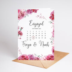 Custom Engagement Card with Names and Date Romantic Calendar Design Keepsake for Engaged Couple Floral Love Theme